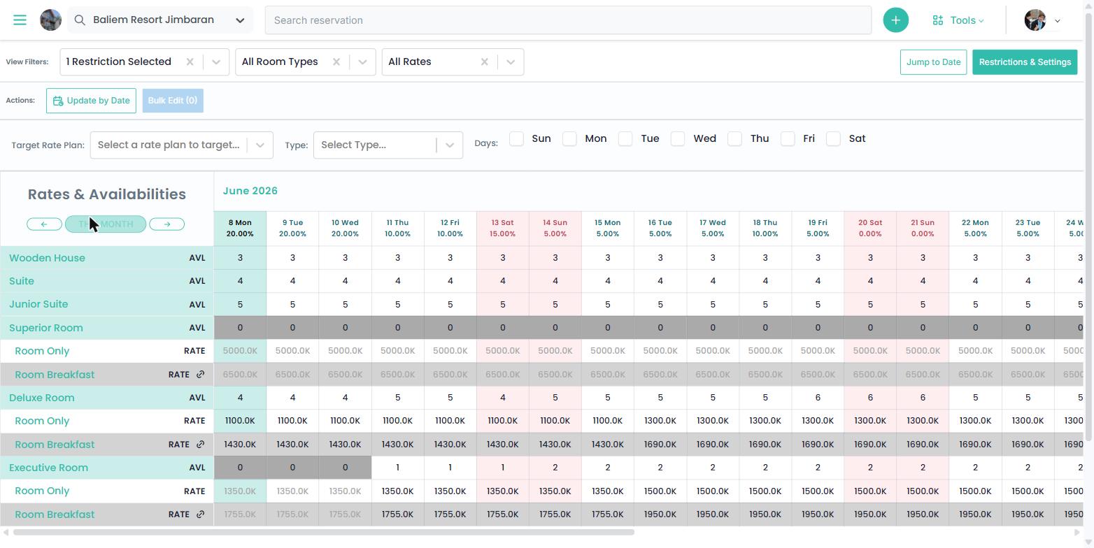 BedsHero channel manager grid showing rates and availability across room types and dates